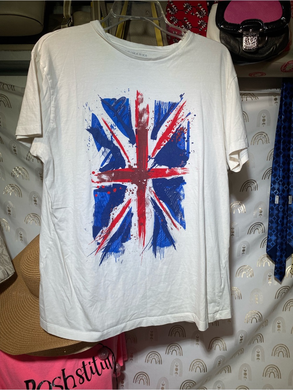 Primark White T‑Shirt with Red and Blue Union Jack Graphic